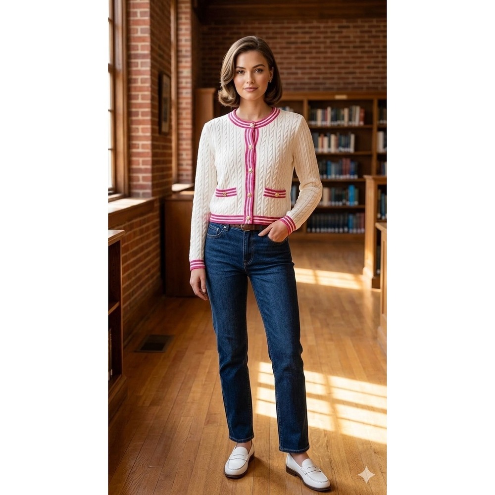 Marled 90s Style Preppy Tennis Cable Knit Cardigan Sweater Size‎ M